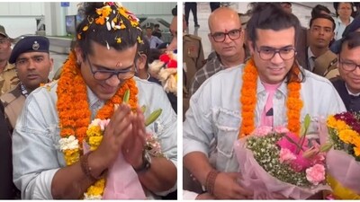 Jubin Nautiyal was greeted with garlands by fans at the airport. Jubin Nautiyal was greeted with garlands by fans at the airport.