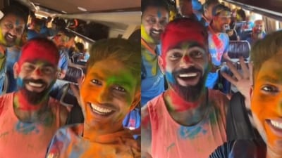 The clip features some of Indian cricket’s biggest names—Captain Rohit Sharma, Virat Kohli, Shubman Gill, and Shreyas Iyer—fully immersed in the Holi spirit The clip features some of Indian cricket’s biggest names—Captain Rohit Sharma, Virat Kohli, Shubman Gill, and Shreyas Iyer—fully immersed in the Holi spirit