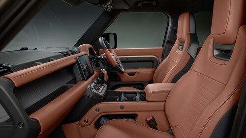 The Defender Octa's cabin gets new sports seats with new leather upholstery. The overall layout remains the same