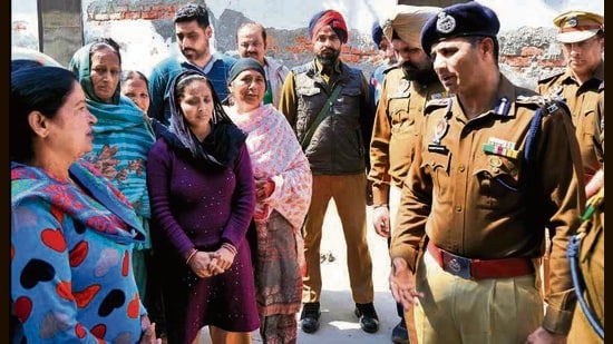 Commissioner of Police Kuldeep Chahal along with other police officials raided Satguru Nagar of Daba area on Friday, March 07, 2025. (HT Photo)