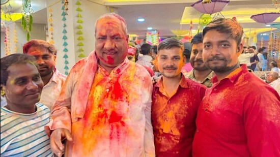 UP minister Sanjay Nishad at a 'Holi Milan' event in Gorakhpur on Thursday. (Sanjay Nishad/X)