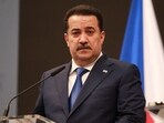 Iraq's Prime Minister Mohammed Shia al-Sudani addresses a press conference with the Czech Prime Minister at the Straka Academy in Prague on February 13, 2025.