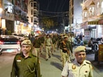 DCP South Delhi Ankit Chauhan leads the Flag March ahead of Holi Festival, from Hauz Rain to Malviya Nagar, in New Delhi on Thursday.