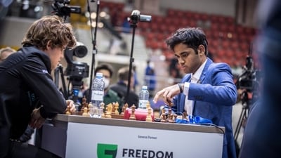 Magnus Carlsen and Arjun Erigaisi during a game. (Twitter (FIDE/Anna Shtourman)) Magnus Carlsen and Arjun Erigaisi during a game. (Twitter (FIDE/Anna Shtourman))