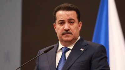 Iraq's Prime Minister Mohammed Shia al-Sudani addresses a press conference with the Czech Prime Minister at the Straka Academy in Prague on February 13, 2025. (AFP) Iraq's Prime Minister Mohammed Shia al-Sudani addresses a press conference with the Czech Prime Minister at the Straka Academy in Prague on February 13, 2025. (AFP)