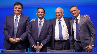 From left to right: TCS CHRO Milind Lakkad, TCS CEO K Krithivasan, N Ganapathy Subramaniam, and TCS CFO Samir Seksaria. (PTI) From left to right: TCS CHRO Milind Lakkad, TCS CEO K Krithivasan, N Ganapathy Subramaniam, and TCS CFO Samir Seksaria. (PTI)