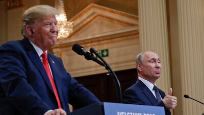 Russian President Vladimir Putin, right, and US President Donald Trump give a joint news conference at the Presidential Palace in Helsinki, Finland. (AP File) Russian President Vladimir Putin, right, and US President Donald Trump give a joint news conference at the Presidential Palace in Helsinki, Finland. (AP File)