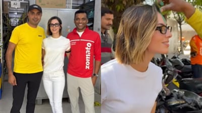 Deepinder Goyal, wife Grecia Munoz, and Albinder Dhindsa celebrated Holi at a Blinkit store. (Instagram/greciamunozp)