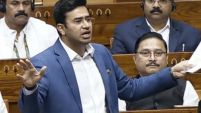 BJP leader and Bengaluru South MP Tejasvi Surya. (SansadTV YouTube) BJP leader and Bengaluru South MP Tejasvi Surya. (SansadTV YouTube)