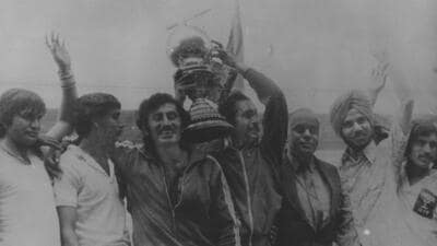 India’s victorious hockey team after winning the World Cup by beating Pakistan in the final at Kuala Lumpur. (Santosh Guptra/HT Archives) India’s victorious hockey team after winning the World Cup by beating Pakistan in the final at Kuala Lumpur. (Santosh Guptra/HT Archives)