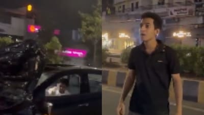 Vadodara accident accused Rakshit Chaurasiya at the spot of an accident near Muktanand cross roads in the Karelibaug area. (Image sourced from viral video) Vadodara accident accused Rakshit Chaurasiya at the spot of an accident near Muktanand cross roads in the Karelibaug area. (Image sourced from viral video)
