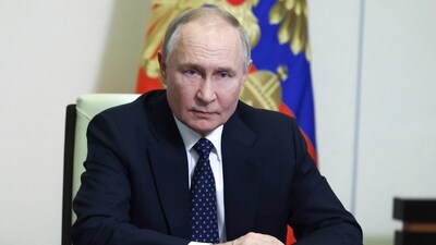 Russian President Vladimir Putin chairs a Security Council meeting at the Novo-Ogaryovo residence outside Moscow, (AP)