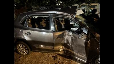 The mangled remains of the accused’s Volkswagen Polo. The accused was arrested from his neighbourhood in Hallomajra, Chandigarh, on Friday morning. (HT Photo) The mangled remains of the accused’s Volkswagen Polo. The accused was arrested from his neighbourhood in Hallomajra, Chandigarh, on Friday morning. (HT Photo)