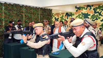 Union Home Minister Amit Shah with Union Minister of Ports, Shipping and Waterways Sarbananda Sonowal during the inaugural ceremony of the Lachit Barphukan Police Academy, at Dergaon in Golaghat on Saturday. (Amit Shah - X) Union Home Minister Amit Shah with Union Minister of Ports, Shipping and Waterways Sarbananda Sonowal during the inaugural ceremony of the Lachit Barphukan Police Academy, at Dergaon in Golaghat on Saturday. (Amit Shah - X)