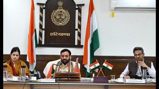 Haryana chief minister Nayab Singh Saini presiding over a meeting of Haryana State Drought Relief and Flood Control Board in Chandigarh on Sunday. (HT Photo)
