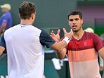 Jack Draper (GBR) shakes hands with Carlos Alcaraz (ESP) after winning his semifinal match at the BNP Paribas Open 