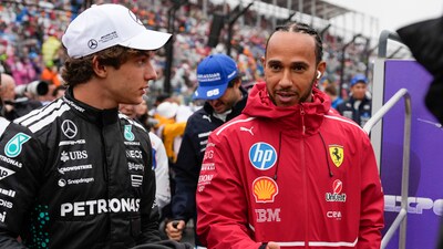 Ferrari driver Lewis Hamilton, right, of Britain talks with Mercedes driver Kimi Antonelli of Italy. (AP) Ferrari driver Lewis Hamilton, right, of Britain talks with Mercedes driver Kimi Antonelli of Italy. (AP)