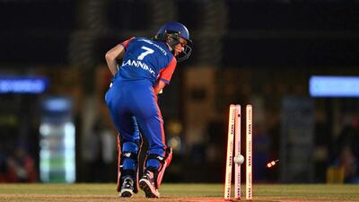 Delhi Capitals' captain Meg Lanning is clean bowled in the WPL 2025 final against Mumbai Indians. (AFP) Delhi Capitals' captain Meg Lanning is clean bowled in the WPL 2025 final against Mumbai Indians. (AFP)