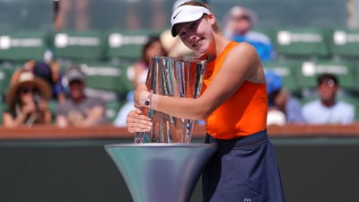 Mirra Andreeva, of Russia, poses with the winner's trophy at the BNP Paribas Open tennis tournament Sunday, March 16, 2025, in Indian Wells, Calif. (AP Photo/Mark J. Terrill) (AP) Mirra Andreeva, of Russia, poses with the winner's trophy at the BNP Paribas Open tennis tournament Sunday, March 16, 2025, in Indian Wells, Calif. (AP Photo/Mark J. Terrill) (AP)
