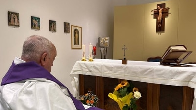 Pope Francis during a mass in the chapel of the appartment of the Gemelli Hospital where he is hospitalized with pneumonia. (AFP) Pope Francis during a mass in the chapel of the appartment of the Gemelli Hospital where he is hospitalized with pneumonia. (AFP)