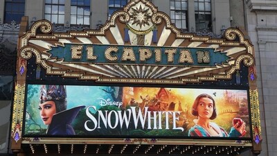 The marquee of the El Capitan theatre is seen during the world premiere of Disney's Snow White. (AFP) The marquee of the El Capitan theatre is seen during the world premiere of Disney's Snow White. (AFP)