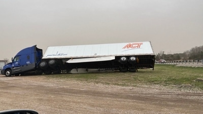 A truck fell sideways due to the strong gusts of wind that have caused tornadoes in the US (Missouri State Highway Patrol via AFP) A truck fell sideways due to the strong gusts of wind that have caused tornadoes in the US (Missouri State Highway Patrol via AFP)