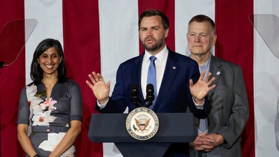 U.S. Vice President JD Vance delivers remarks as second lady Usha Vance and Vantage Plastics CEO Paul Aultman listen in Bay City, Michigan, U.S., March 14, 2025.     REUTERS/Rebecca Cook (REUTERS)