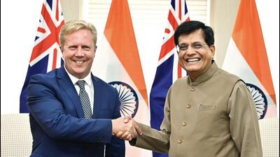 Union minister of commerce and industry Piyush Goyal meets New Zealand trade minister Todd McClay in New Delhi on Sunday. (Piyush Goyal - X) Union minister of commerce and industry Piyush Goyal meets New Zealand trade minister Todd McClay in New Delhi on Sunday. (Piyush Goyal - X)