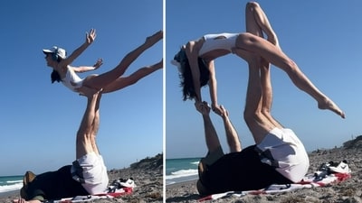 Jordon Hudson posts pics of Bill Belichick helping her with acrobatics shortly after slamming critic over age gap remark (jordon_isabella/Instagram) Jordon Hudson posts pics of Bill Belichick helping her with acrobatics shortly after slamming critic over age gap remark (jordon_isabella/Instagram)