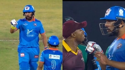 Tempers flared during the contest as Yuvraj Singh clashed with Tino Best in the middle. (Screengrabs - JioHotstar) Tempers flared during the contest as Yuvraj Singh clashed with Tino Best in the middle. (Screengrabs - JioHotstar)