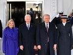 Joe Biden and Jill Biden pose alongside Donald Trump and Melania Trump as they arrive at the White House in Washington, DC. Joe Biden and Jill Biden pose alongside Donald Trump and Melania Trump as they arrive at the White House in Washington, DC.