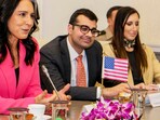 Director of National Intelligence Tulsi Gabbard and others during a meeting with Union Defence Minister Rajnath Singh.