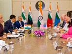 Defence Minister Rajnath Singh, Chief of Defence Staff (CDS) General Anil Chauhan and others during a meeting with US Director of National Intelligence Tulsi Gabbard,