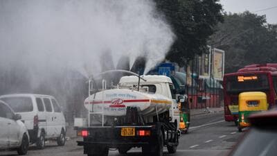A truck-mounted sprinkler sprays tiny droplets of water to counter air pollution in Delhi. (ANI Photo) A truck-mounted sprinkler sprays tiny droplets of water to counter air pollution in Delhi. (ANI Photo)