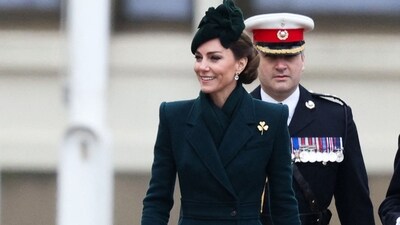 Britain's Catherine, Princess of Wales (C) arrives to attend St Patrick's Day Parade at Wellington Barracks, central London, on March 17, 2025. (Photo by Adrian DENNIS / AFP) (AFP)