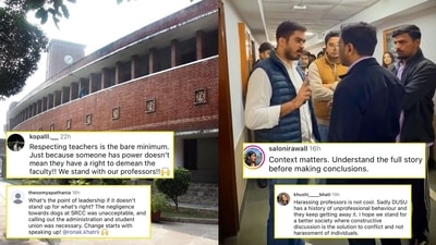 Safety concerns have been raised by some faculty at SRCC in North Campus as students continue to pet dogs within the college premises. (Right) A screenshot of the video that went viral on social media. (Photo: Sushil Kumar/HT) Safety concerns have been raised by some faculty at SRCC in North Campus as students continue to pet dogs within the college premises. (Right) A screenshot of the video that went viral on social media. (Photo: Sushil Kumar/HT)