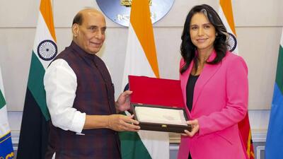 Defence Minister Rajnath Singh during a meeting with USA’s Director of National Intelligence Tulsi Gabbard, in New Delhi (X/rajnathsingh) Defence Minister Rajnath Singh during a meeting with USA’s Director of National Intelligence Tulsi Gabbard, in New Delhi (X/rajnathsingh)