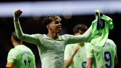 Lamine Yamal scored the third goal for Barcelona in the 4-2 win over Atletico Madrid. (AFP) Lamine Yamal scored the third goal for Barcelona in the 4-2 win over Atletico Madrid. (AFP)