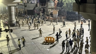Police dispersed an agitating crowd as communal tension prevailed Chitnis Park area following the VHP-Bajrang Dal protest, in Nagpur. (PTI) Police dispersed an agitating crowd as communal tension prevailed Chitnis Park area following the VHP-Bajrang Dal protest, in Nagpur. (PTI)