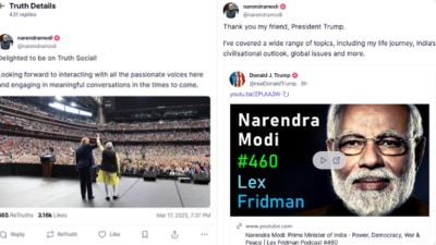 Prime Minister Modi made his debut on the platform with two "Truths." (ANI) Prime Minister Modi made his debut on the platform with two "Truths." (ANI)
