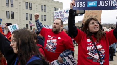 Federal workers shout chants during a rally across the street from the Internal Revenue Service (IRS) headquarters, in support of the civil service in the wake of mass firings, and organized by the National Treasury Employees Union (NTEU) in Kansas City, Missouri, U.S. March 15, 2025. (Reuters) Federal workers shout chants during a rally across the street from the Internal Revenue Service (IRS) headquarters, in support of the civil service in the wake of mass firings, and organized by the National Treasury Employees Union (NTEU) in Kansas City, Missouri, U.S. March 15, 2025. (Reuters)