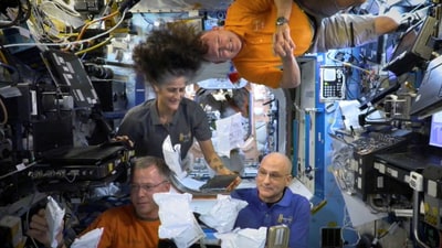 FILE PHOTO: NASA astronauts Sunita Williams, Nick Hague, Barry Wilmore, and Donald Pettit unbox Thanksgiving meals, from the International Space Station (ISS), (REUTERS)