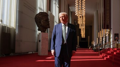 US President Donald Trump speaks to the media after attending a board meeting at the Kennedy Center, in Washington, D.C., U.S., March 17, 2025. (Reuters)