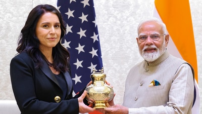 Prime Minister Narendra Modi gifted a vase of Maha Kumbh gangajal to US Director of National Intelligence Tulsi Gabbard, (PTI) Prime Minister Narendra Modi gifted a vase of Maha Kumbh gangajal to US Director of National Intelligence Tulsi Gabbard, (PTI)