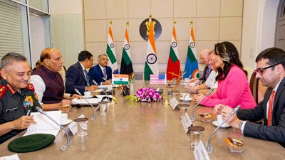 Defence Minister Rajnath Singh, Chief of Defence Staff (CDS) General Anil Chauhan and others during a meeting with US Director of National Intelligence Tulsi Gabbard, (@SpokespersonMoD) Defence Minister Rajnath Singh, Chief of Defence Staff (CDS) General Anil Chauhan and others during a meeting with US Director of National Intelligence Tulsi Gabbard, (@SpokespersonMoD)