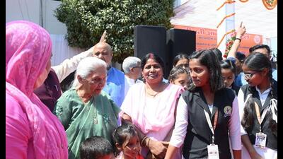 U.P. governor Anandiben Patel meeting girls during an event in Maharajganj district on March 17. (Sourced) U.P. governor Anandiben Patel meeting girls during an event in Maharajganj district on March 17. (Sourced)