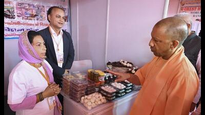 UP chief minister Yogi Adityanath visits stalls at Yuva Udyami Vikas Abhiyan programme in Saharanpur district. (@myogiadityanath via PTI Photo) UP chief minister Yogi Adityanath visits stalls at Yuva Udyami Vikas Abhiyan programme in Saharanpur district. (@myogiadityanath via PTI Photo)