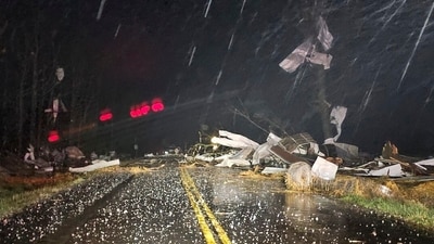 Oklahoma governor Kevin Stitt stated that 689 square kilometres of land had been burned in his state, along with 300 homes that were damaged or destroyed due to fires increasing due to the winds. In pic: Debris covers the road during a severe storm passed the area north of Seymour, Mo., in Webster County late Friday. (AP) Oklahoma governor Kevin Stitt stated that 689 square kilometres of land had been burned in his state, along with 300 homes that were damaged or destroyed due to fires increasing due to the winds. In pic: Debris covers the road during a severe storm passed the area north of Seymour, Mo., in Webster County late Friday. (AP)