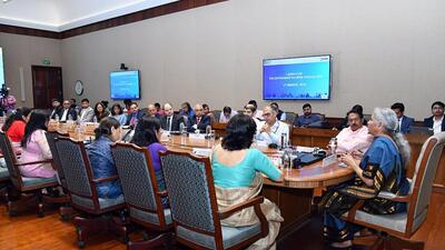 Union finance minister Nirmala Sitharaman speaking at the launch of 'Prime Minister Internship App', in New Delhi on Monday. (Nirmala Sitharaman Office - X) Union finance minister Nirmala Sitharaman speaking at the launch of 'Prime Minister Internship App', in New Delhi on Monday. (Nirmala Sitharaman Office - X)
