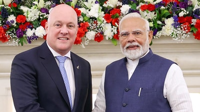 Prime Minister Narendra Modi with his New Zealand counterpart Christopher Luxon at Hyderabad House in New Delhi. (ANI) Prime Minister Narendra Modi with his New Zealand counterpart Christopher Luxon at Hyderabad House in New Delhi. (ANI)